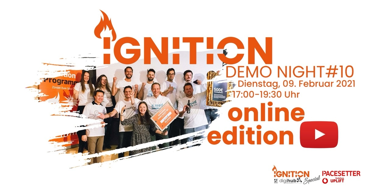 Group of smiling people holding awards and cheering at Ignition Demo Night #10 online edition event.