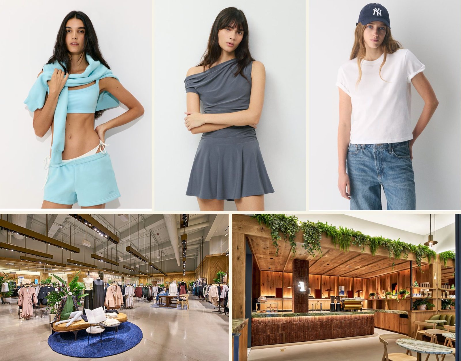 Collage of five photographs. Top row, three models in Aritzia signature styles: a light blue cropped sweatshirt, bra top and shorts set; a grey off-the-shoulder mini dress; and a white T-shirt with loose blue jeans and a navy NY cap. Bottom row, a bright Aritzia store interior with wood-lined walls, plants and clothing racks, and the A-OK Cafe counter with a wooden bar, trailing greenery overhead and a small illuminated sign.