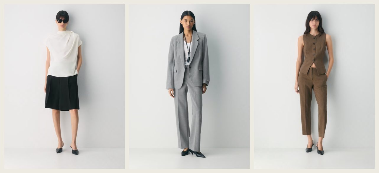 Three product photographs from Aritzia's Babaton label. A model in sunglasses wearing a white draped top with a black pleated knee-length skirt; a model in a grey tailored blazer and matching straight trousers; and a model in a brown buttoned vest with cropped brown trousers, all with pointed black heels. The label's tagline reads "The modern uniform."