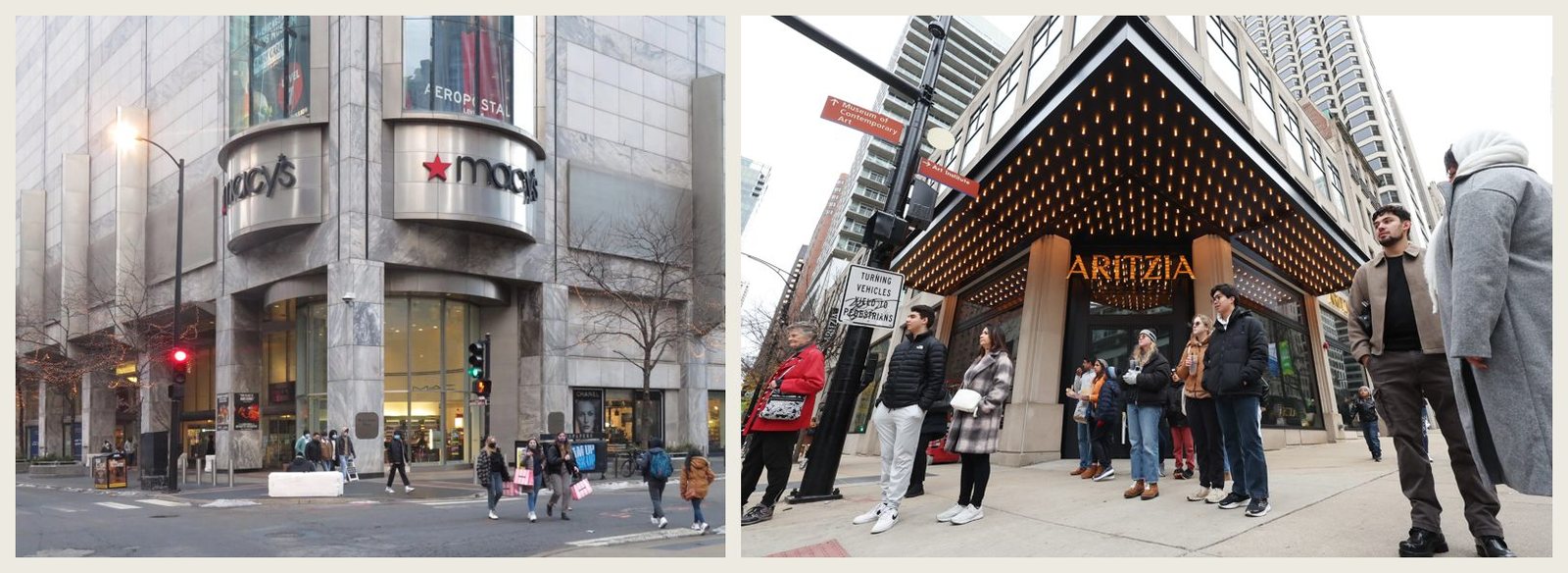 Two photographs of the same Michigan Avenue corner in Chicago. Left, the curved stone building with Macy's signage over the corner entrance, a red traffic light, and shoppers crossing the street. Right, the same corner with a black canopy of glowing lights and gold ARITZIA lettering over the entrance, and a group of people in winter coats waiting on the sidewalk.