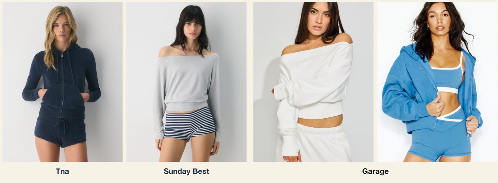 Side-by-side product photographs. Left, labeled Tna and Sunday Best: a model in a navy velour zip hoodie and matching shorts, and a model in a grey off-the-shoulder sweatshirt with navy striped boy shorts. Right, labeled Garage: a model in a white off-the-shoulder sweatshirt and white sweat shorts, and a model in a blue zip hoodie over a matching blue bra top and bike shorts.