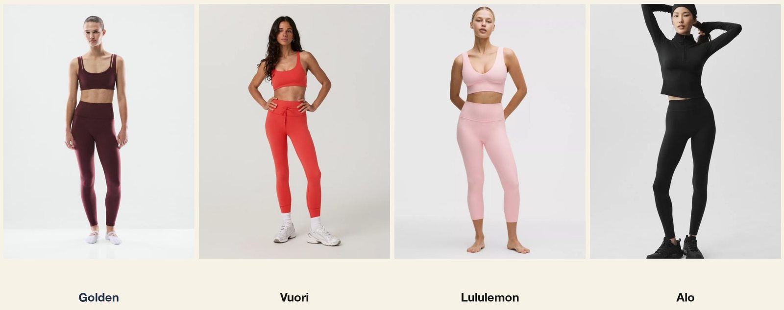 Four product photographs of leggings, each labeled by brand. Golden: a model in a burgundy sports bra and matching full-length leggings. Vuori: a model in a coral-red bra and leggings with white sneakers. Lululemon: a model in a light pink bra and cropped leggings, barefoot. Alo: a model in a black long-sleeve quarter-zip top and black leggings with black shoes.