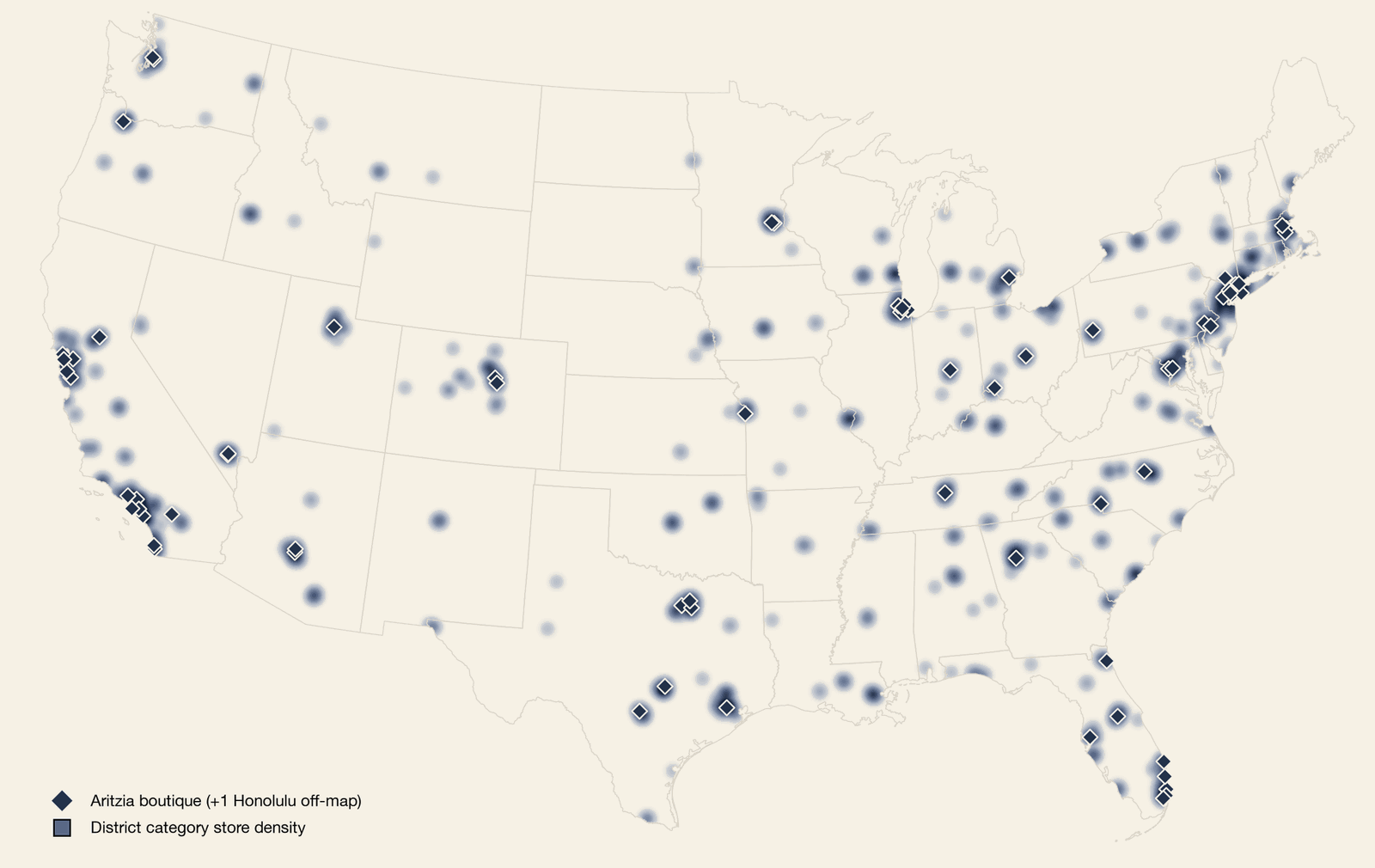 Map of the continental United States showing the density of stores of the 22 District category members as blue shading, with every Aritzia US boutique marked as a diamond, plus one Honolulu boutique off-map. Shading is heaviest along the Northeast corridor, coastal California, Chicago, Dallas, Houston, Atlanta and South Florida, and every diamond sits on a shaded node with no boutique in an unshaded area. Every Aritzia boutique sits inside the category's densest shading.
