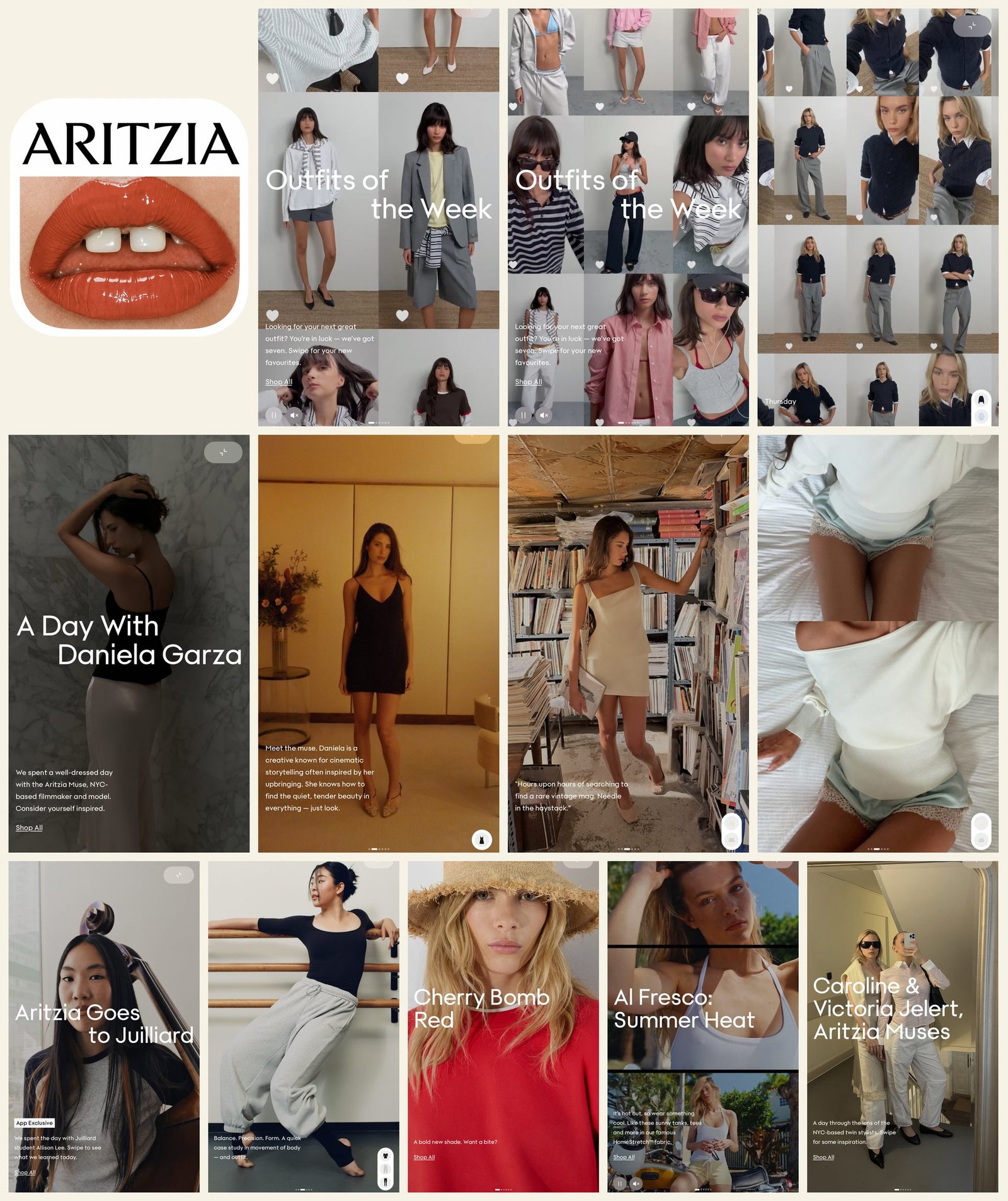 Collage of screens from the Aritzia app. The app icon shows the ARITZIA wordmark over glossy red lips. Feed posts include Outfits of the Week grids, A Day With Daniela Garza, Aritzia Goes to Juilliard, Cherry Bomb Red, Al Fresco: Summer Heat, and Caroline & Victoria Jelert, Aritzia Muses, each with editorial captions in an influencer voice, Shop All links, and a small garment icon that turns any frame into a shoppable storefront.