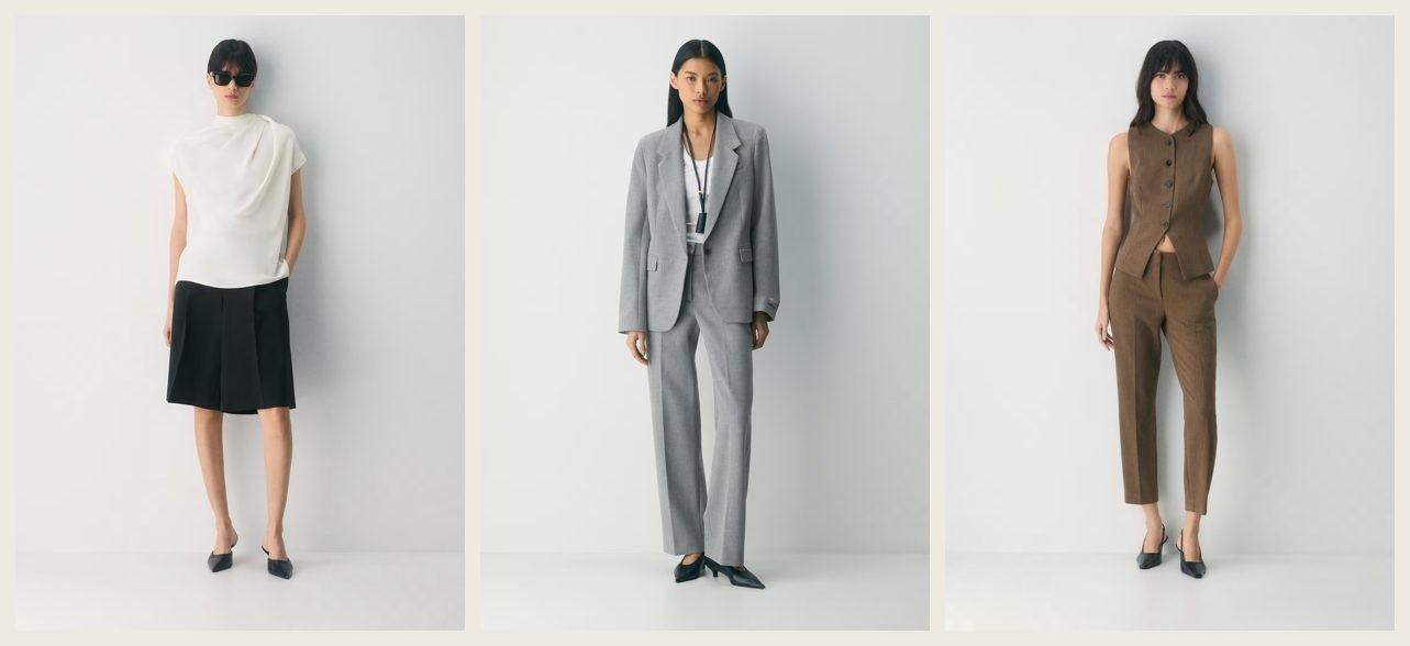 Three Aritzia tailored outfits, including gray and brown suits.