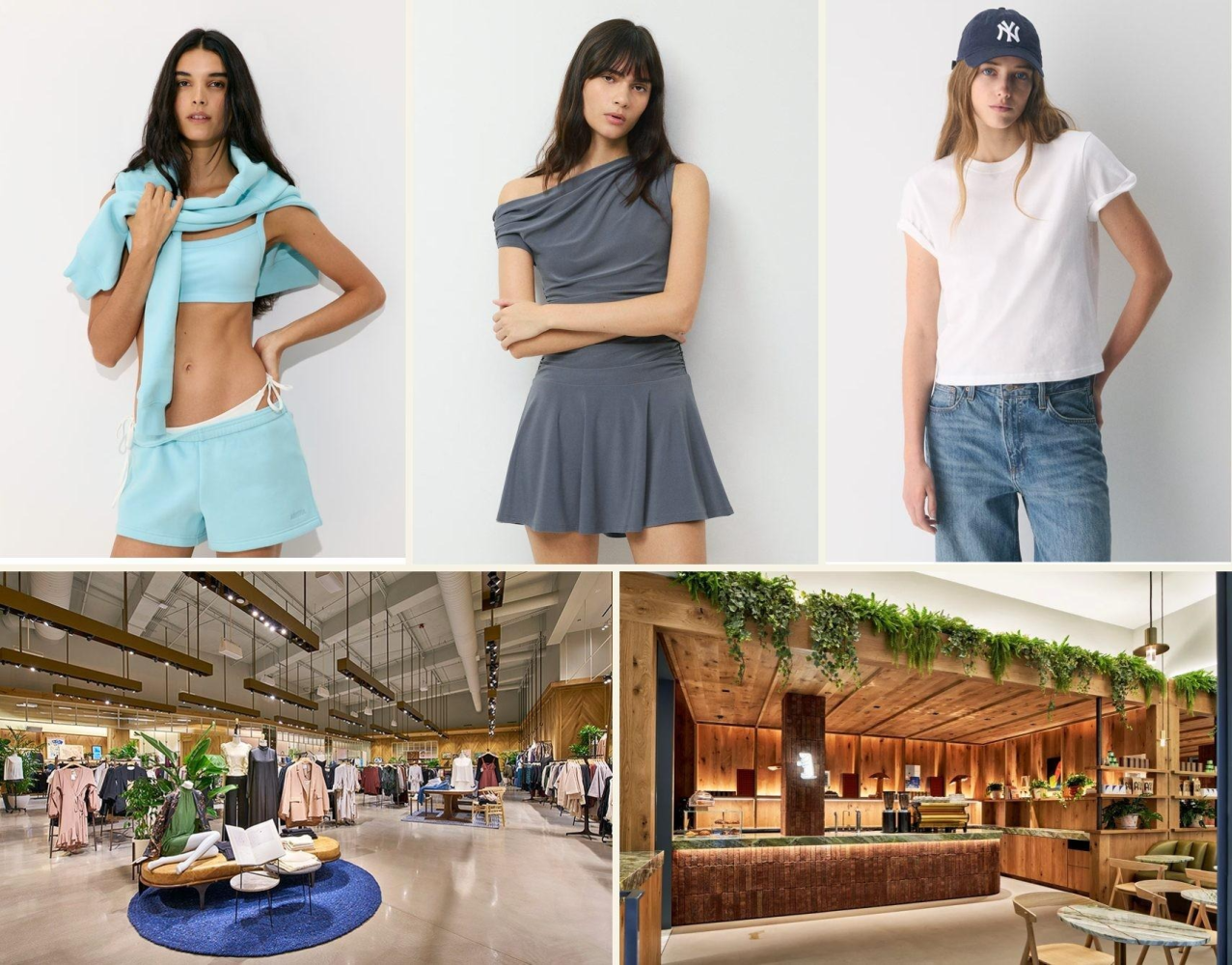 Three Aritzia clothing looks above two photographs of boutique interiors.