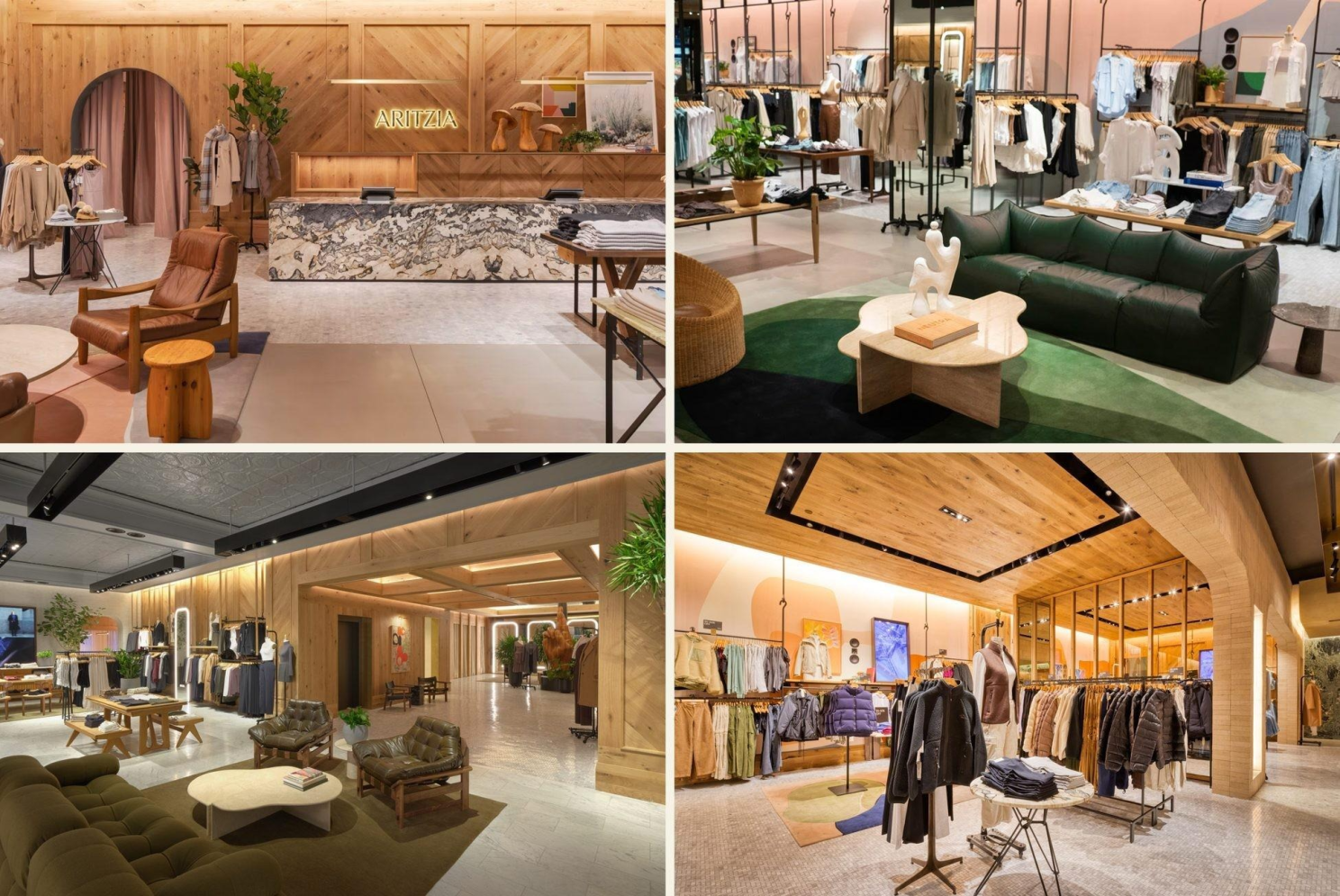Four photographs of Aritzia boutique interiors with clothing displays, wood finishes, and lounge seating.