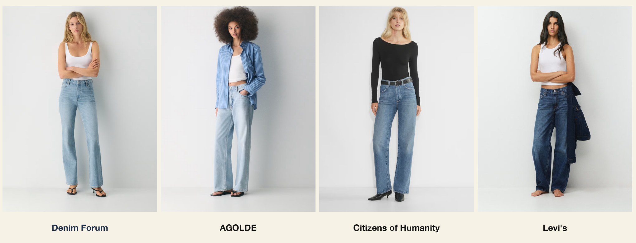Four denim looks, from left to right: Denim Forum, AGOLDE, Citizens of Humanity, and Levi's.