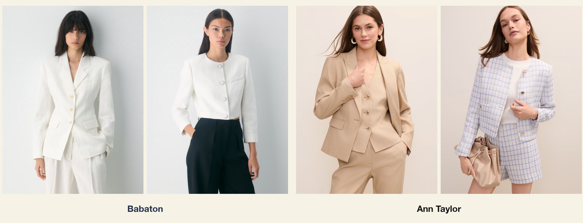 Four workwear looks: two Babaton outfits on the left and two Ann Taylor outfits on the right.