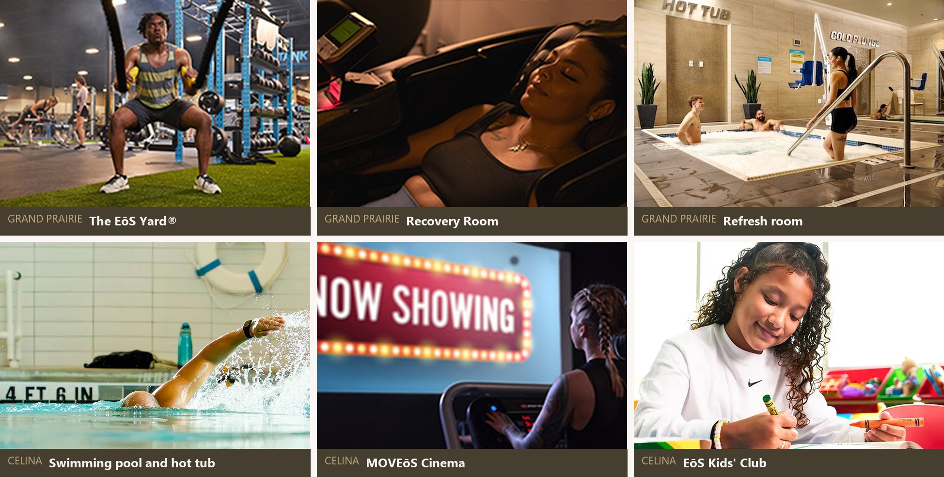 Six EOS amenity photographs: The EōS Yard, the Recovery Room and Refresh for Grand Prairie; the swimming pool, MOVEōS Cinema and EōS Kids’ Club for Celina.