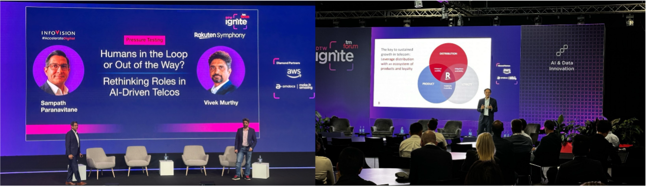 Left: Vivek Murthy, President, OSS, Rakuten Symphony and Right: Ting Cai, Chief AI & Data Officer, Rakuten Group on DTW main stage sharing insights on AI-driven Telcos and Agentic AI 