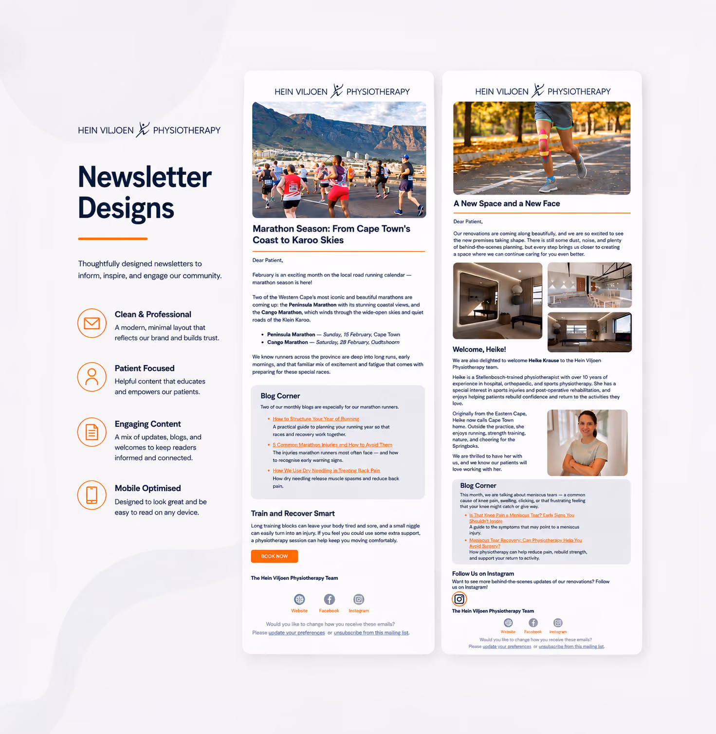 Two newsletter design samples for Hein Viljoen Physiotherapy with text, images, and blog sections.