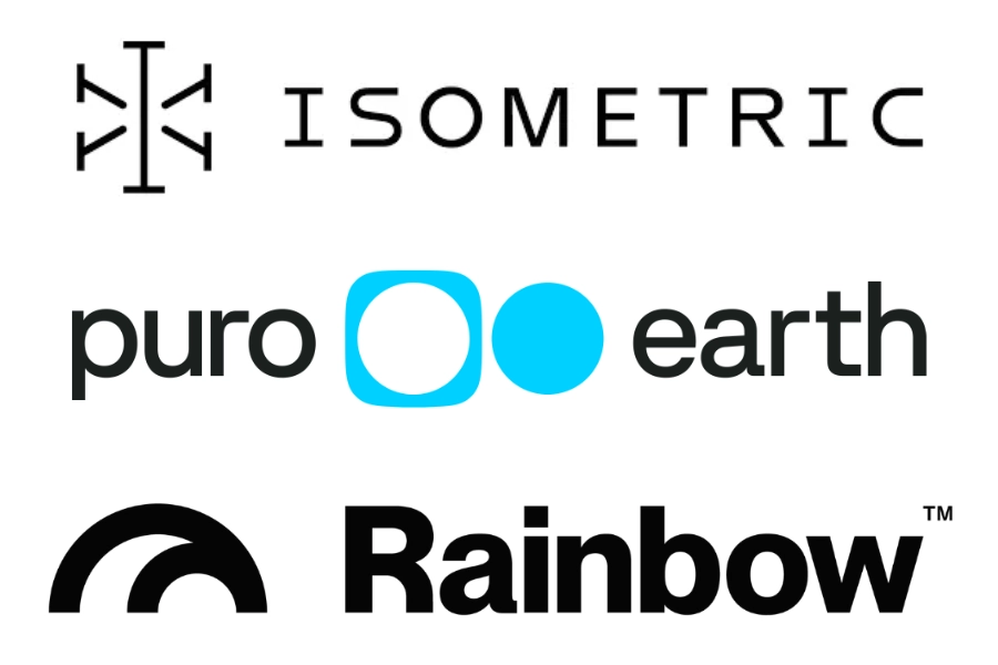 The logos of carbon registries; Isometric, Puro.earth and Rainbow