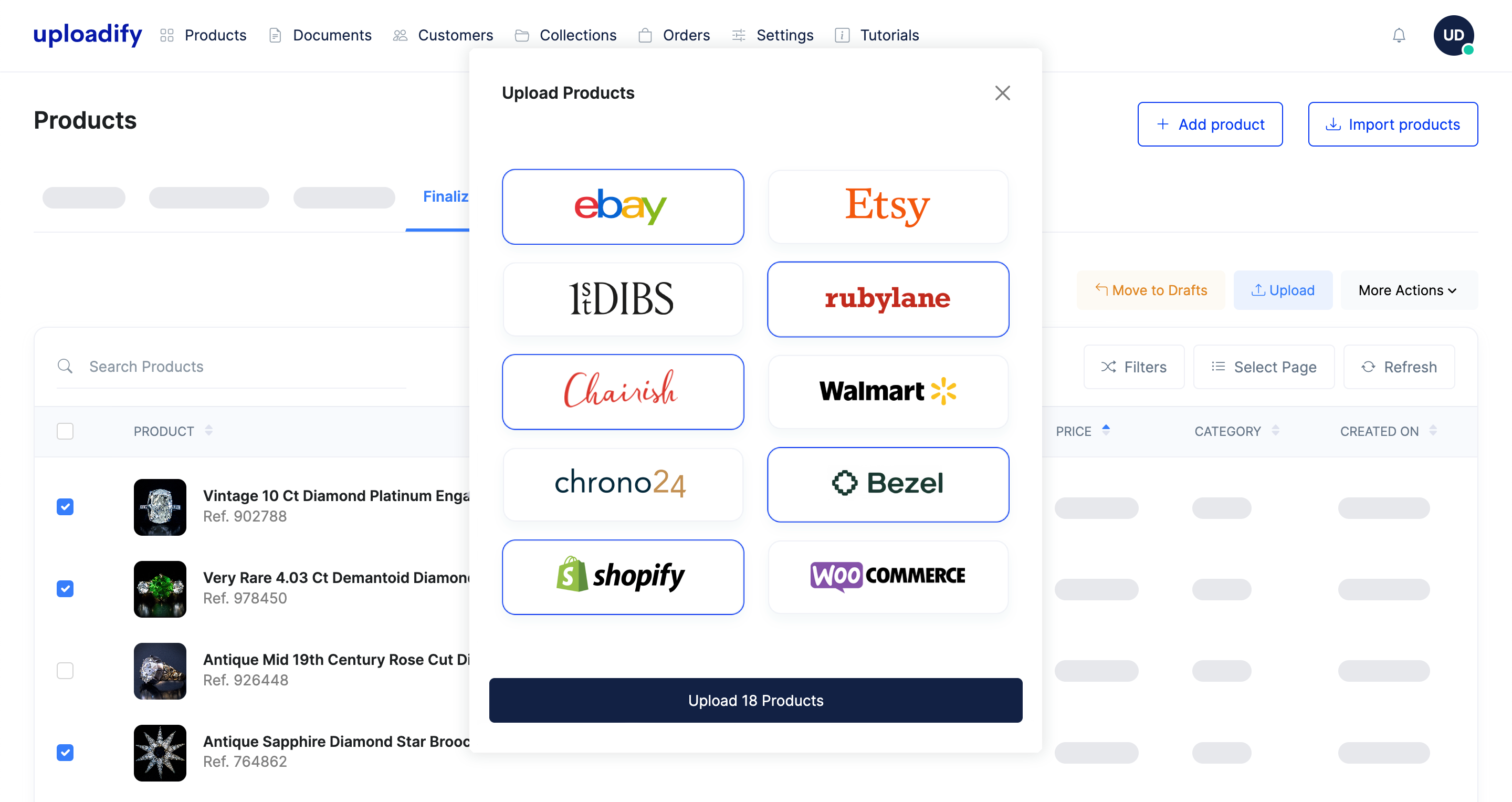 A screenshot of Uploadify. The user is choosing which marketplaces to upload their jewelry products to.