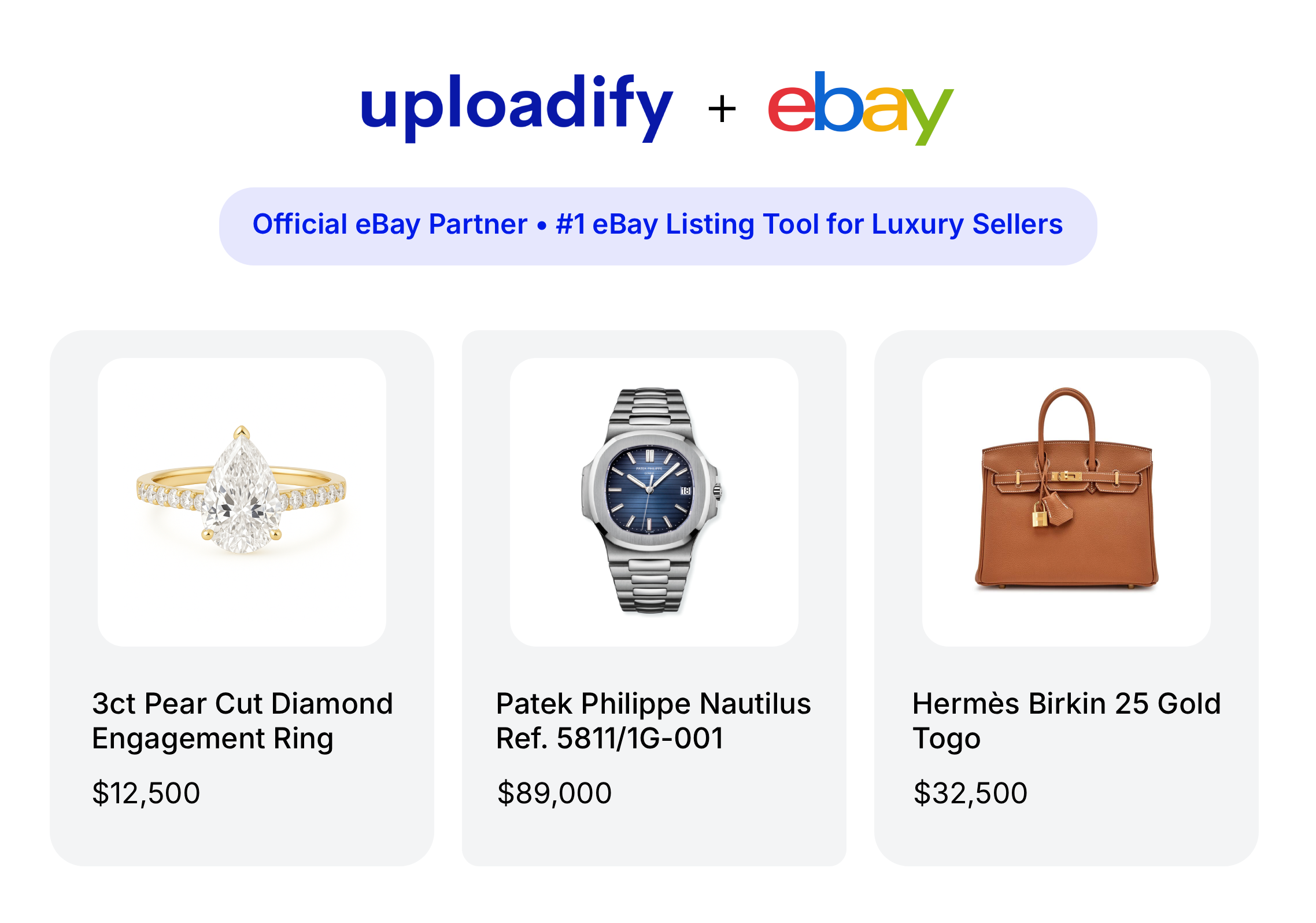 Uploadify and eBay logos with official partnership note above images of a 3ct pear cut diamond engagement ring priced at $12,500, a Patek Philippe Nautilus watch priced at $89,000, and a Hermès Birkin 25 Gold Togo bag priced at $32,500.