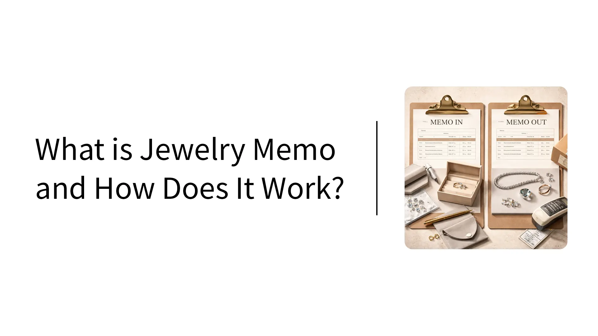 Two clipboards labeled MEMO IN and MEMO OUT with lists and various jewelry pieces like rings, earrings, and a bracelet displayed alongside a pen, box, and a payment terminal.