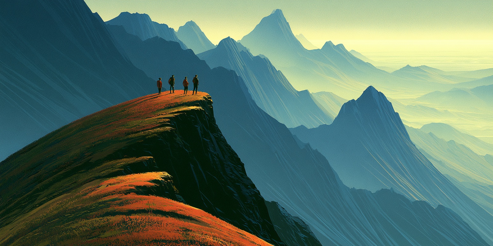Illustration of four hikers standing on a ridge looking out over a wide mountain range at sunrise