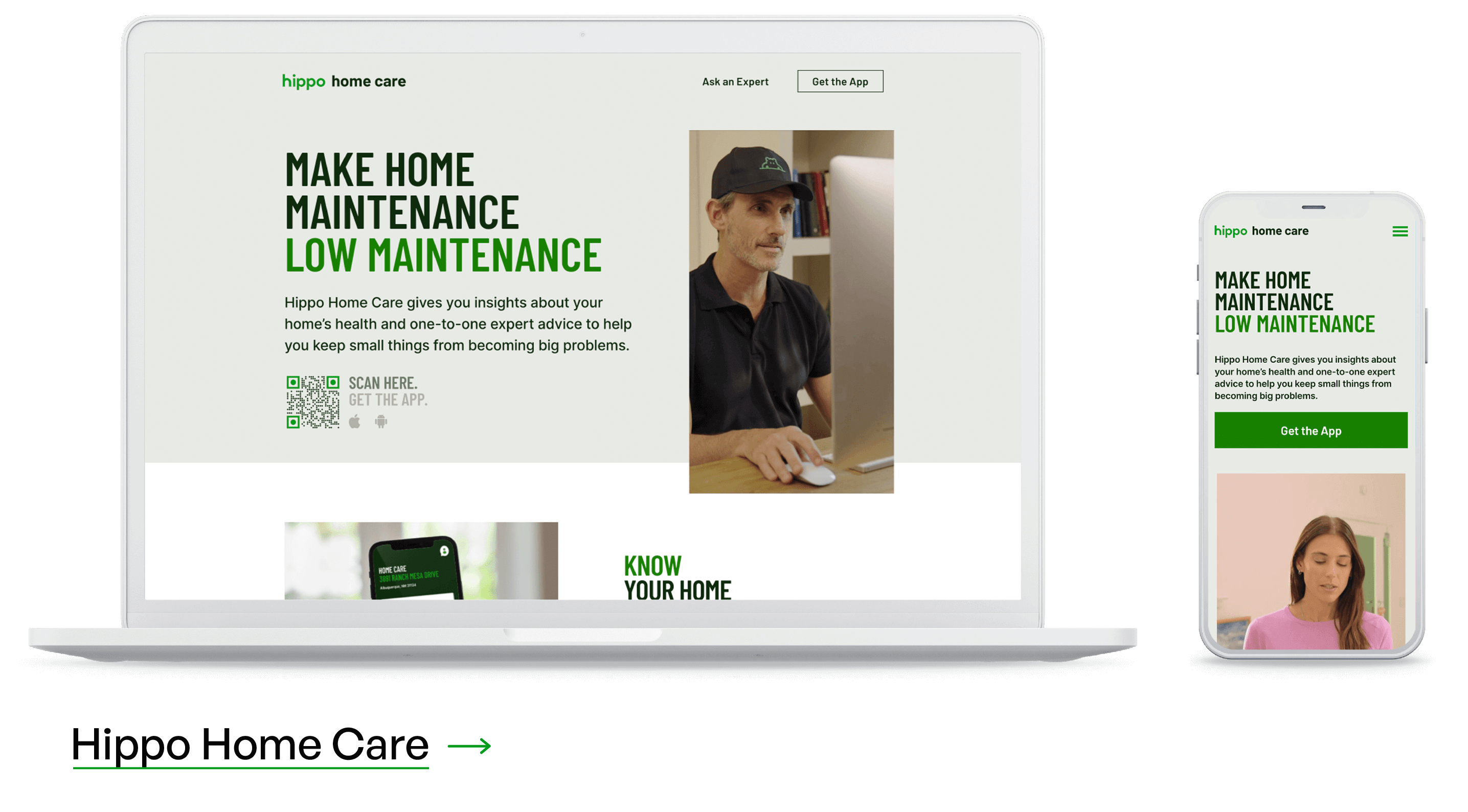 Visual Design of Hippo Home Care on both mobile phone and desktop