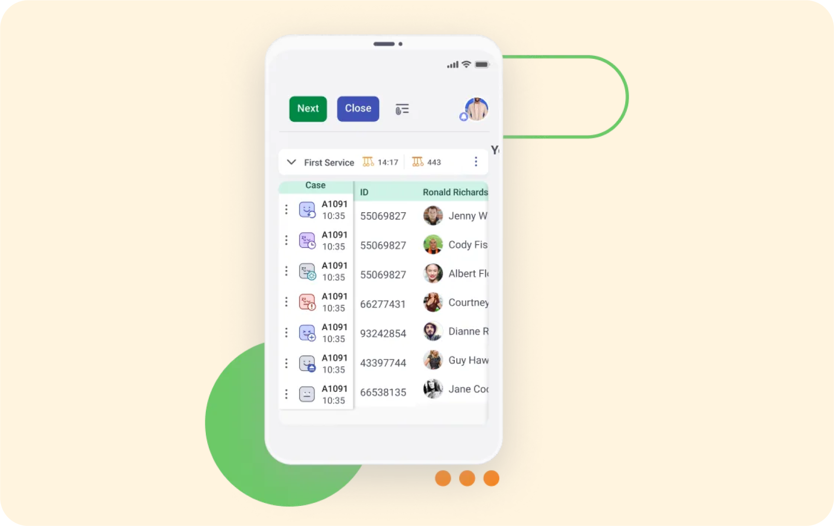 Mobile interface of Q-nomy queue system listing customer service cases and assigned representatives