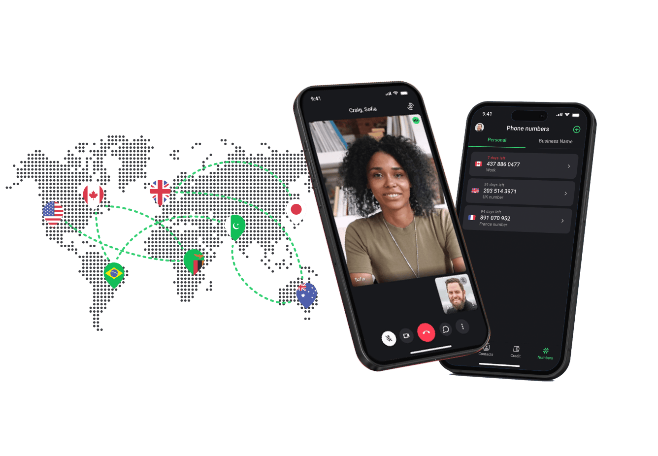 Two mobile phone highlighting the calls and virtual numbers features of Call.com a with world map in the background