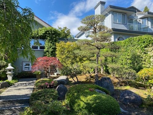A neatly maintained front yard with a beautifully pruned maple tree