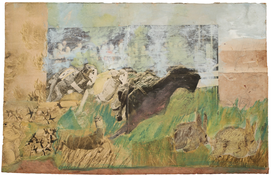 A pastel colored Fran Herndon collage, titled "Catch Me If You Can," features animals, including hand drawn rabbits and a cartoon rabbit and racing horses clipped from a newspaper