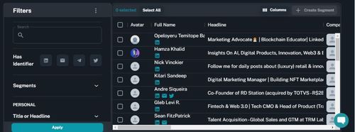 A preview image of an example curated segment (lead list), that is pre-populated segment & has been hand-crafted by the Blaze team based on data from top performing keywords, hashtags, links and tweet engagement. While a selection are available for free, some require Credits to unlock the segment.