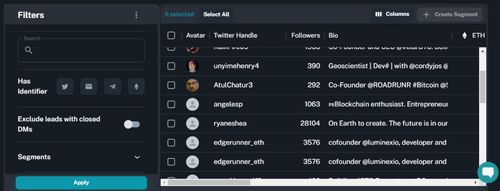 A preview image of an example curated segment (lead list), that is pre-populated segment & has been hand-crafted by the Blaze team based on data from top performing keywords, hashtags, links and tweet engagement. While a selection are available for free, some require Credits to unlock the segment.
