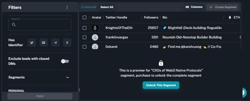A preview image of an example curated segment (lead list), that is pre-populated segment & has been hand-crafted by the Blaze team based on data from top performing keywords, hashtags, links and tweet engagement. While a selection are available for free, some require Credits to unlock the segment.