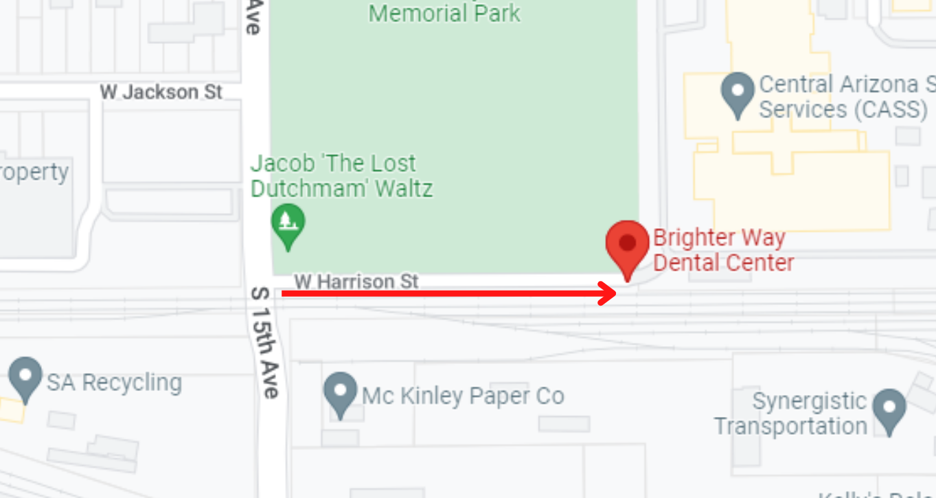 Campus entrance map showing the route east from 15th Avenue along Harrison Street to Brighter Way Dental Center