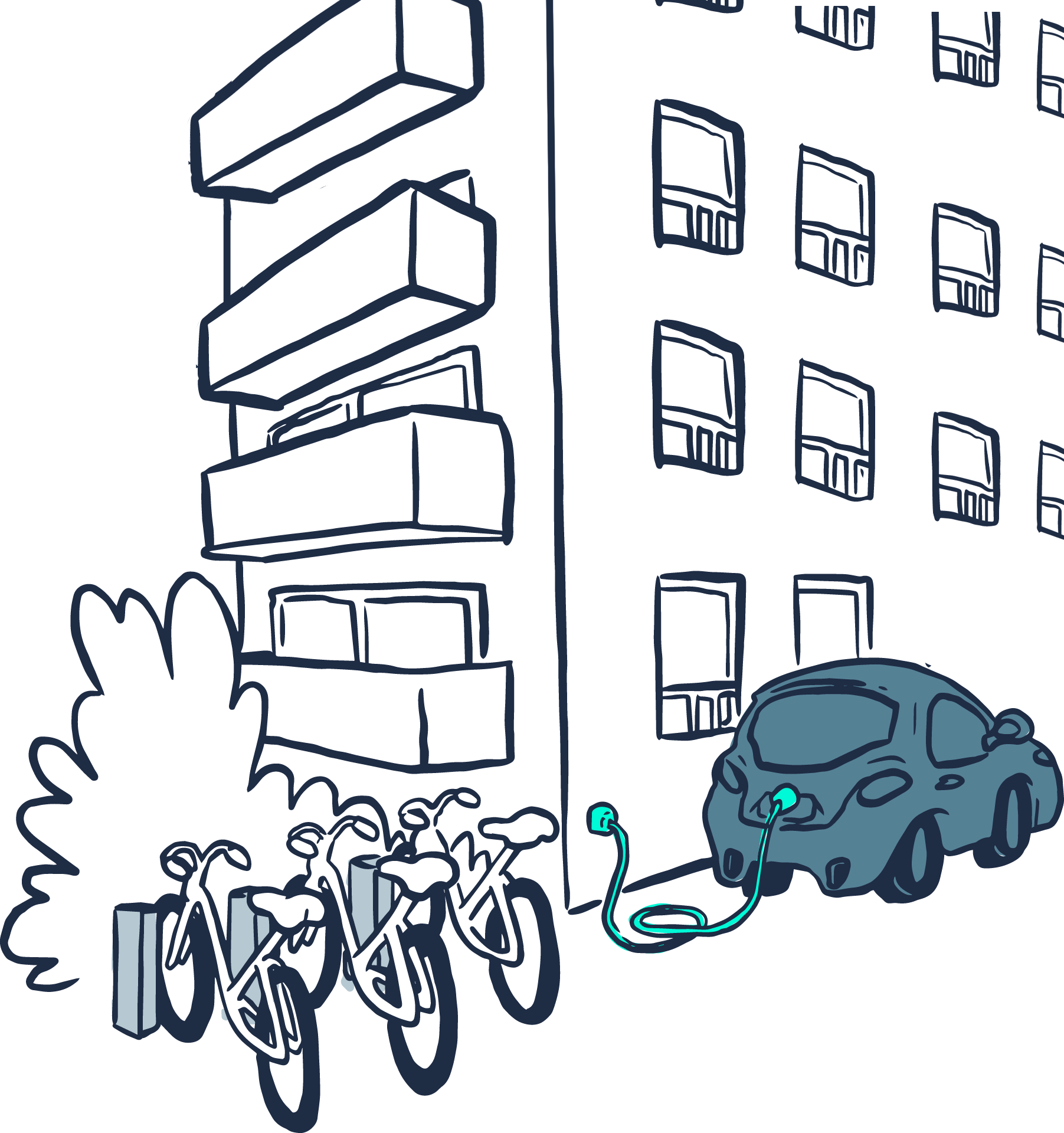 Zeichnung von Wohnhaus mit E-Bike und E-Auto an Ladestation