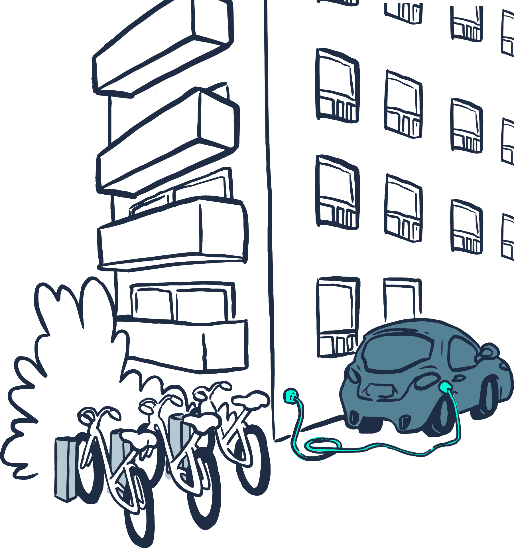 Zeichnung von Wohnhaus mit E-Bike und E-Auto an Ladestation