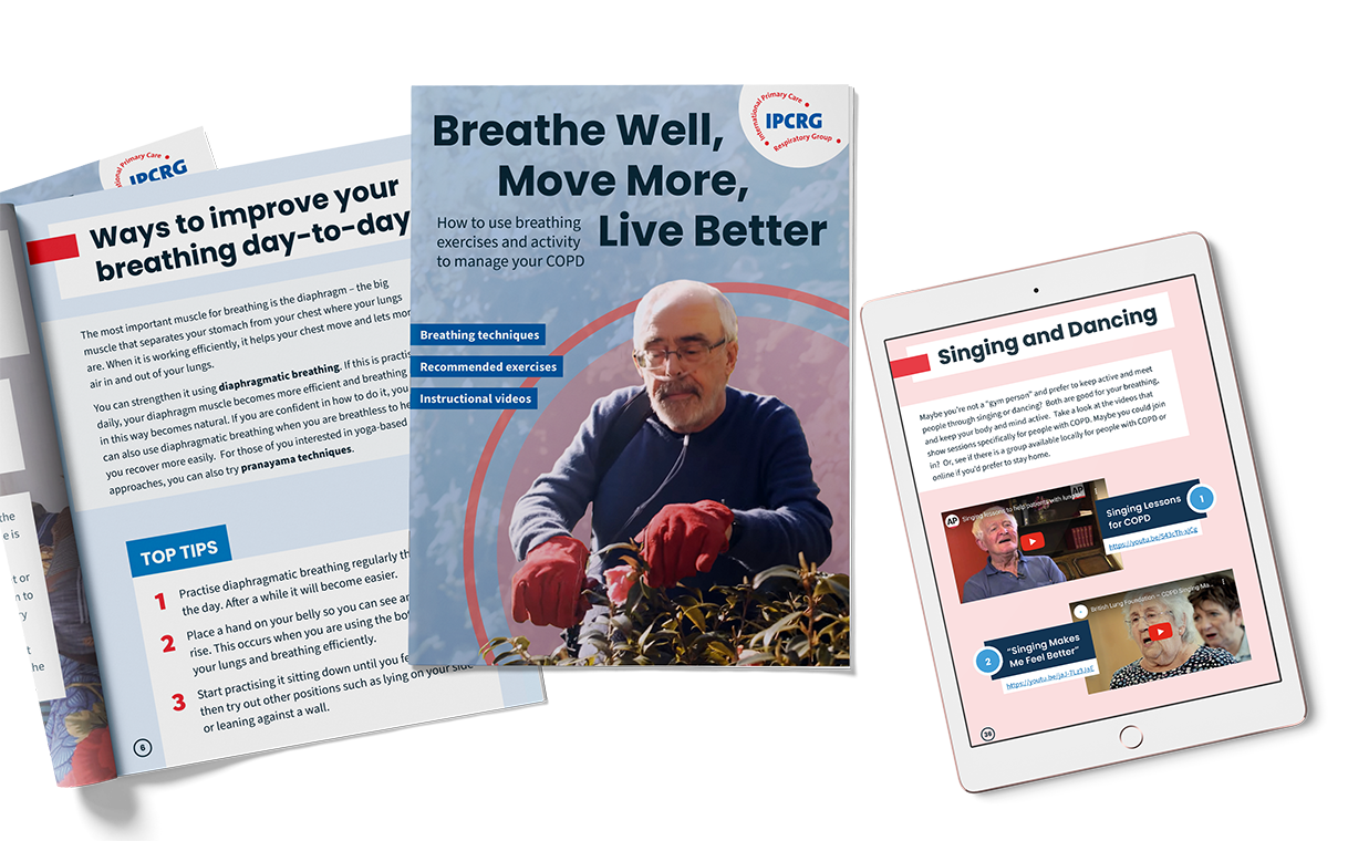 IPCRG's magazine for patients with COPD, shown as a physical print version and digital version on a tablet.
