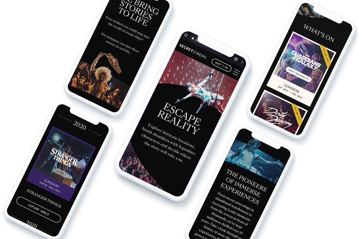 Mobile shots of the responsive Secret Cinema website