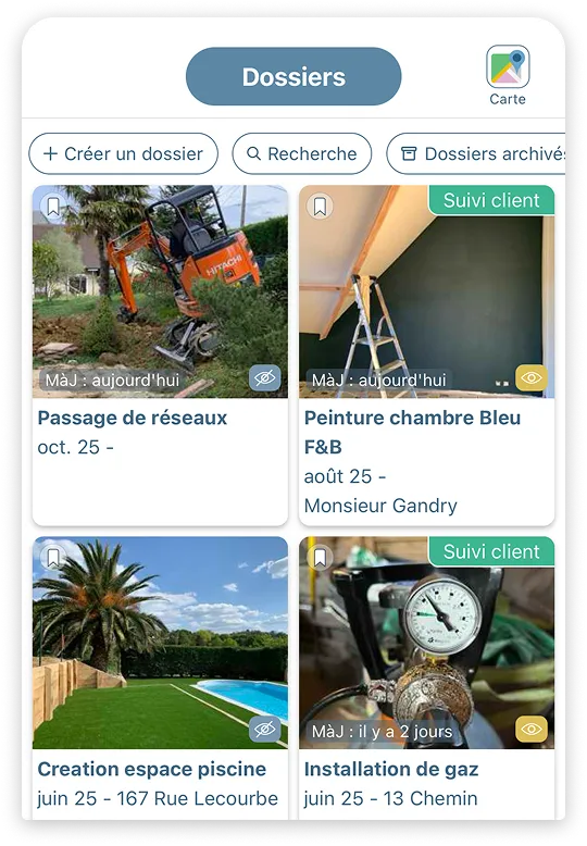 Letmo affichant la liste des dossiers de chantier avec leurs galeries photos associées pour le suivi client automatisé