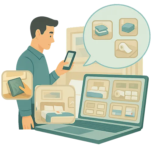 Illustration d’un professionnel de conciergerie photographiant un logement pour informer le client via une galerie photo partagée automatiquement
