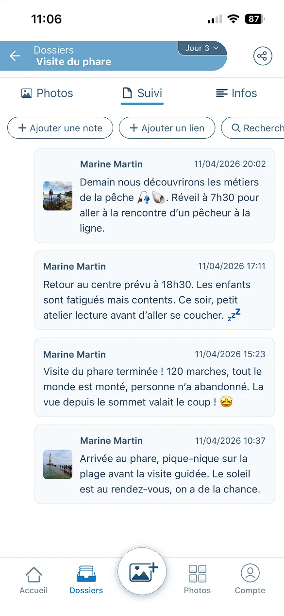 Onglet Suivi d'un dossier Visite du phare sur Letmo, avec plusieurs petits mots datés écrits par l'enseignant pour donner des nouvelles aux parents