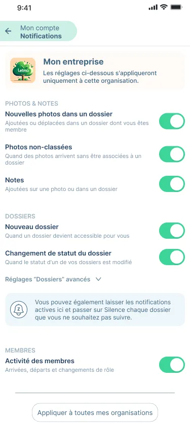 Panneau de réglage des notifications Letmo