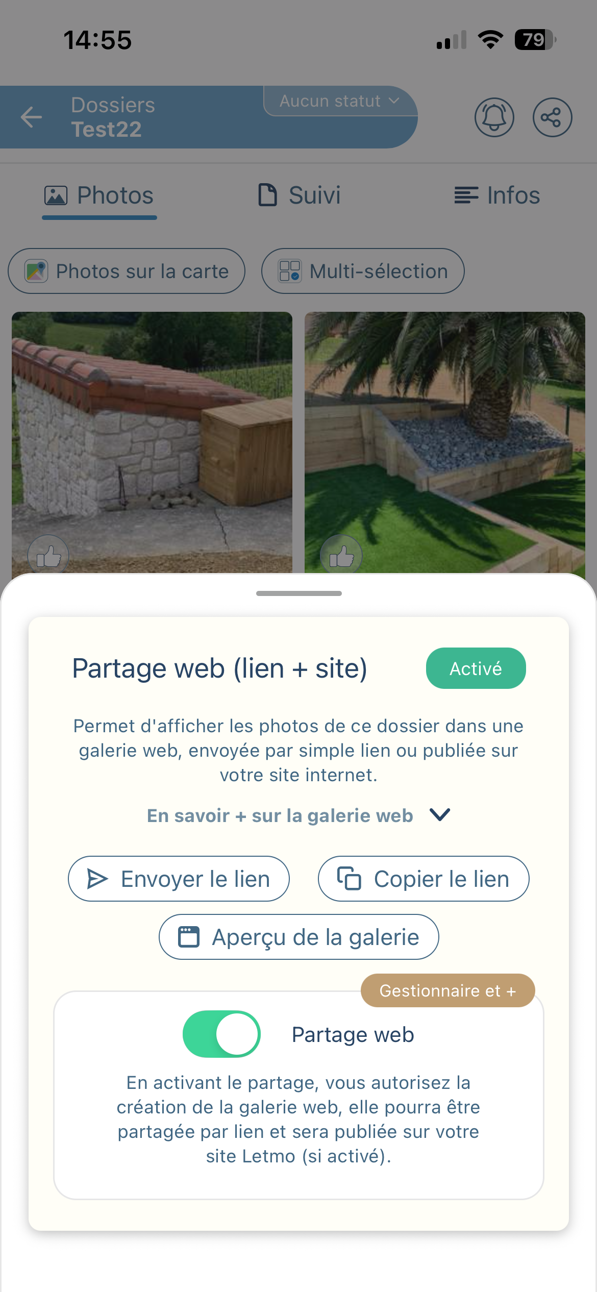 Partage de la galerie photos d'un chantier par lien web depuis l'app Letmo, avec de vraies photos de réalisation