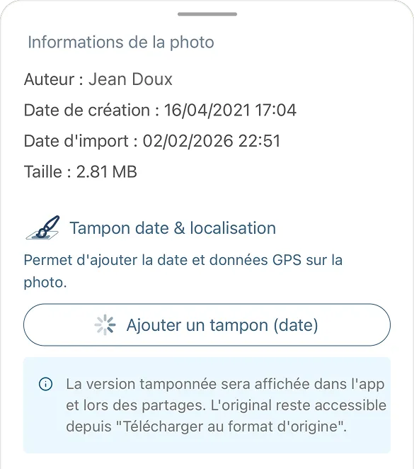 Bouton pour apposer le tampon date et GPS sur une photo