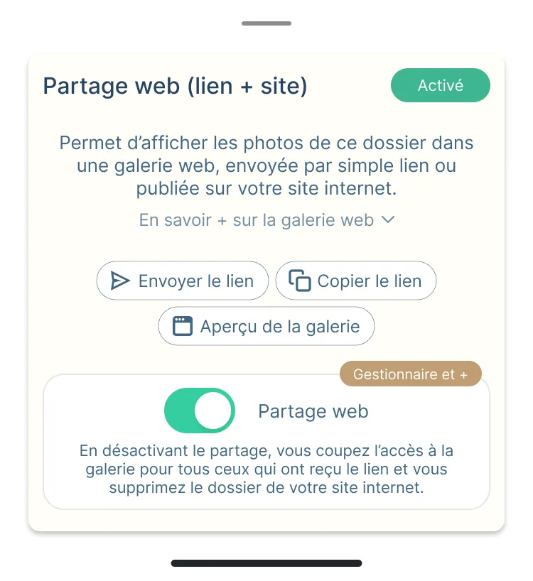 Lien galerie sécurisé envoyé au client