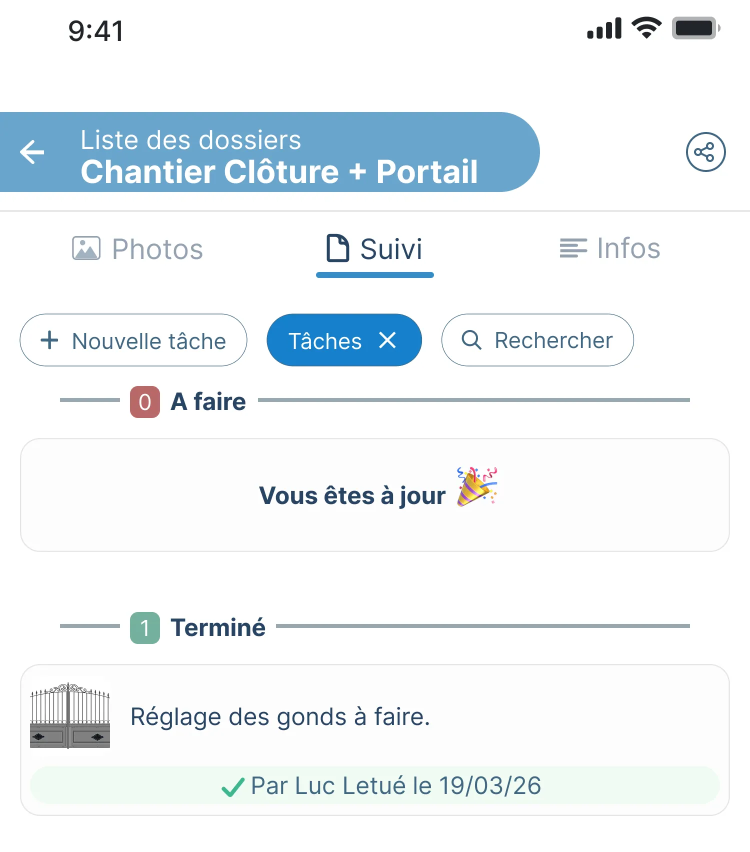 Vue filtrée Tâches dans le suivi d'un dossier Letmo