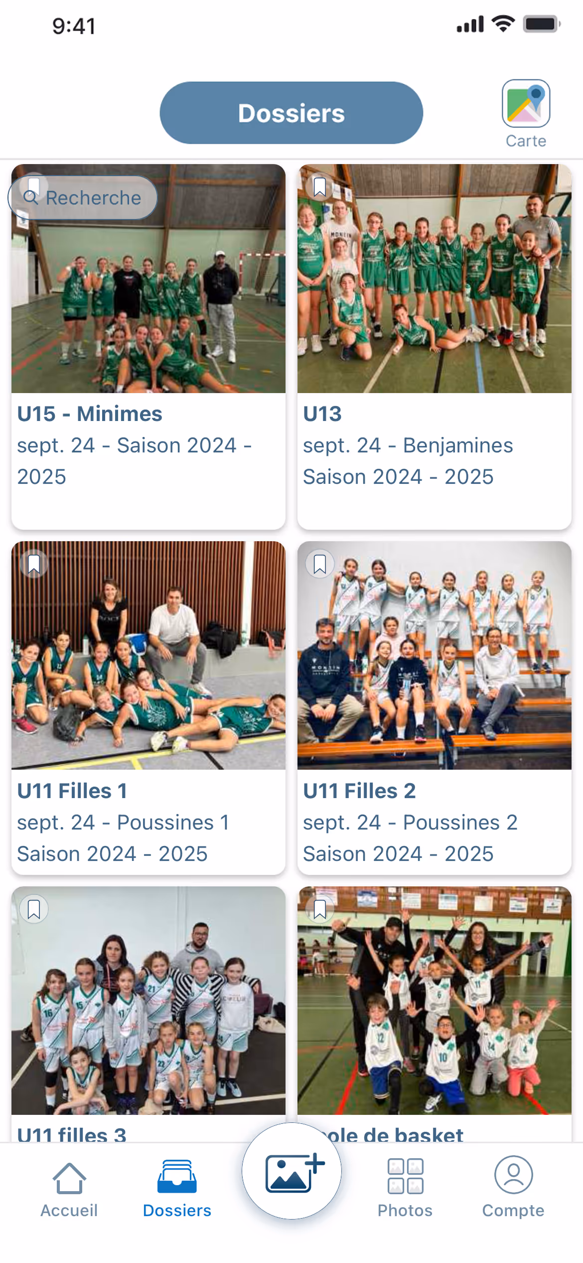Application Letmo : les dossiers photos d'un club de basket, organisés par équipe et par saison