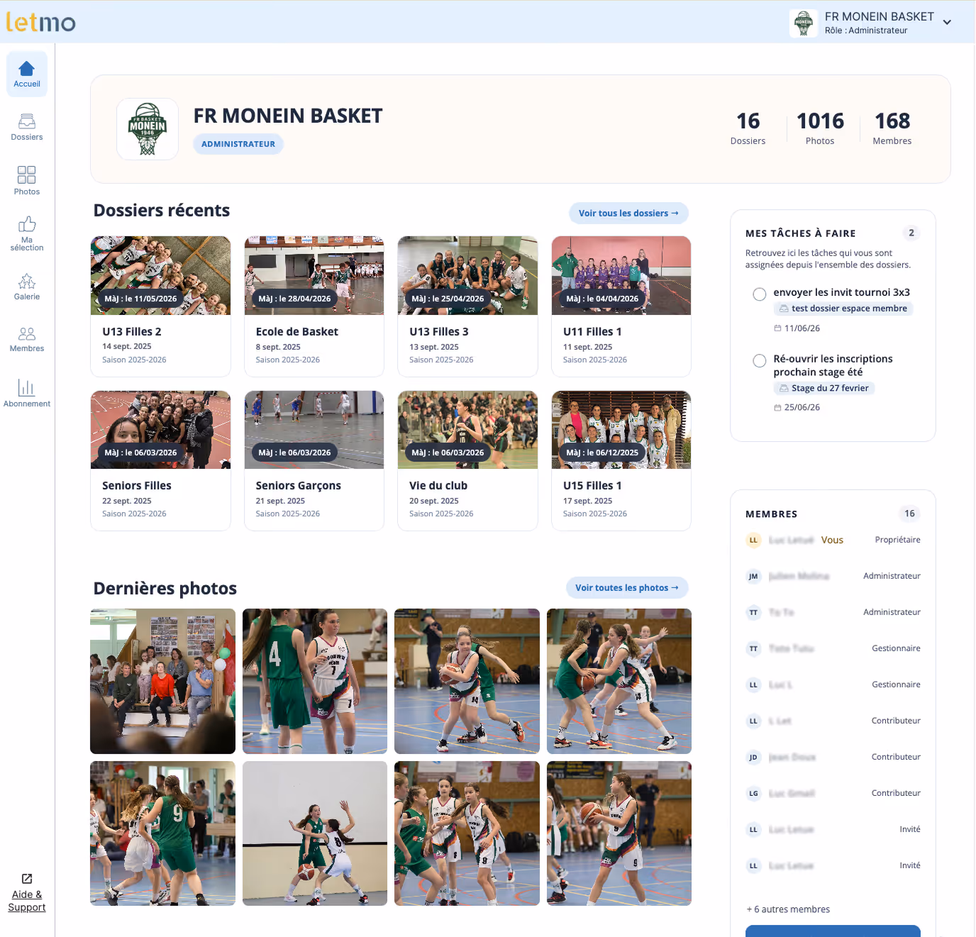 Espace membre web Letmo d'un club de basket : dossiers par équipe, tâches en cours et dernières photos
