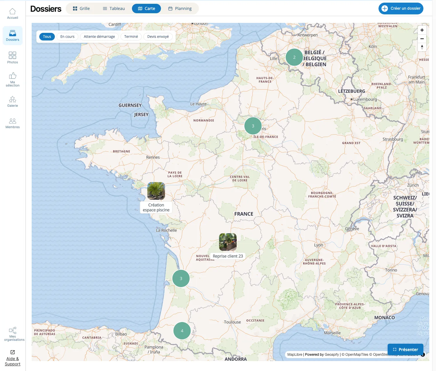 Vue carte des chantiers de l'organisation dans l'espace membre Letmo, avec regroupements par zone et filtres par statut