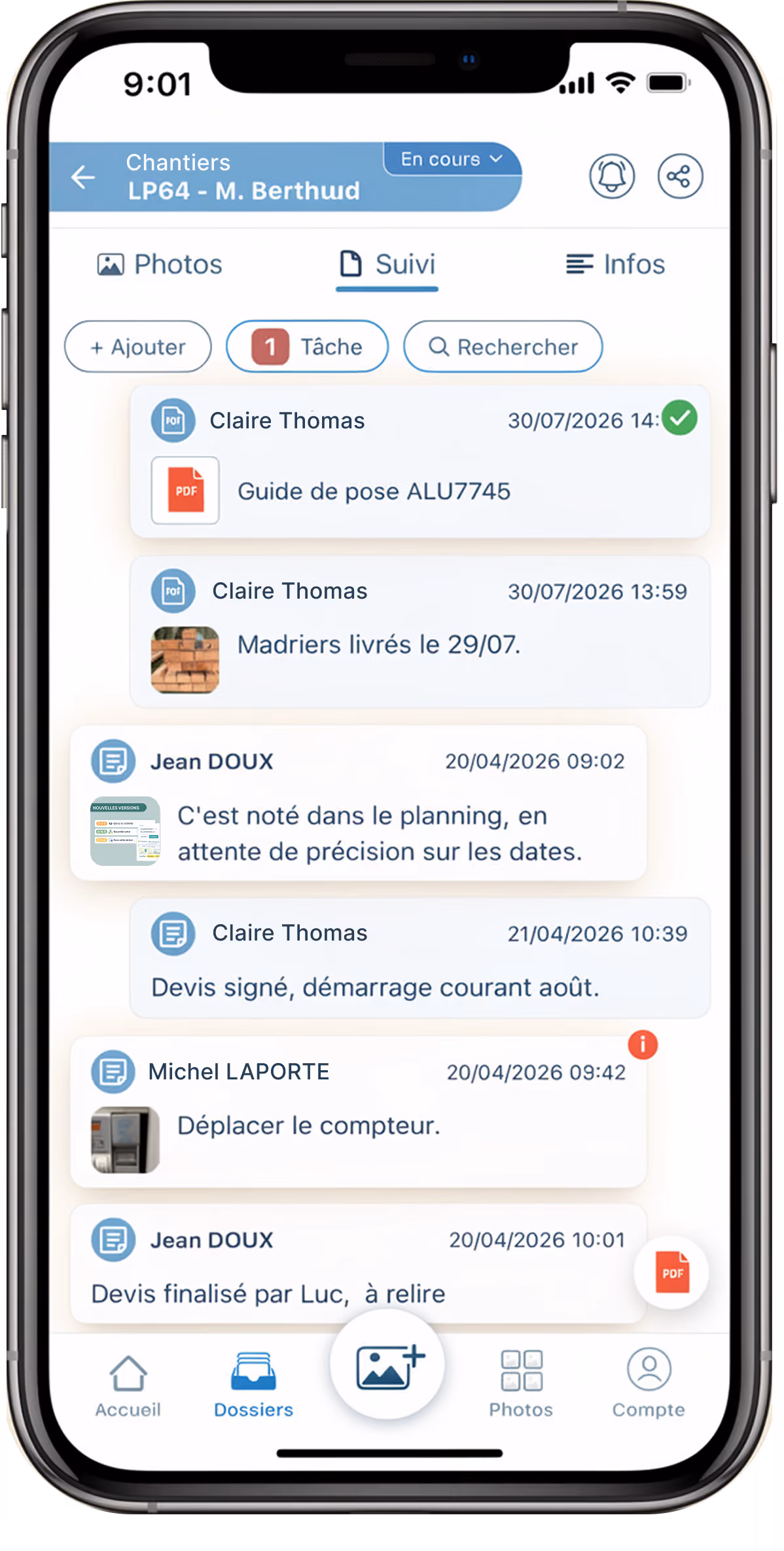 Application chantier Letmo : fil de suivi avec devis, PDF, notes et tâche assignée dans l'ordre chronologique