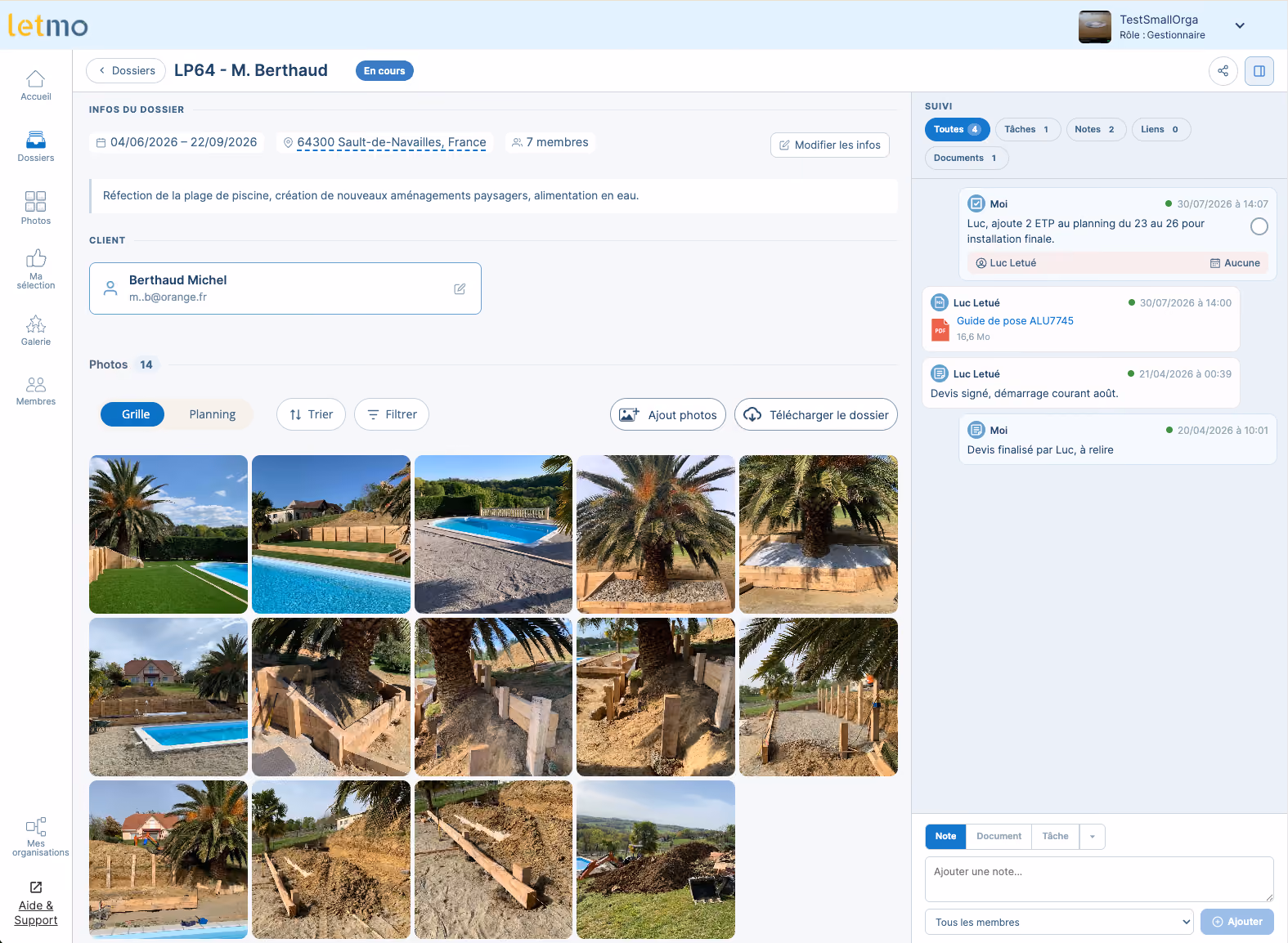 Espace membre web Letmo : tous les dossiers de l'organisation sur une carte