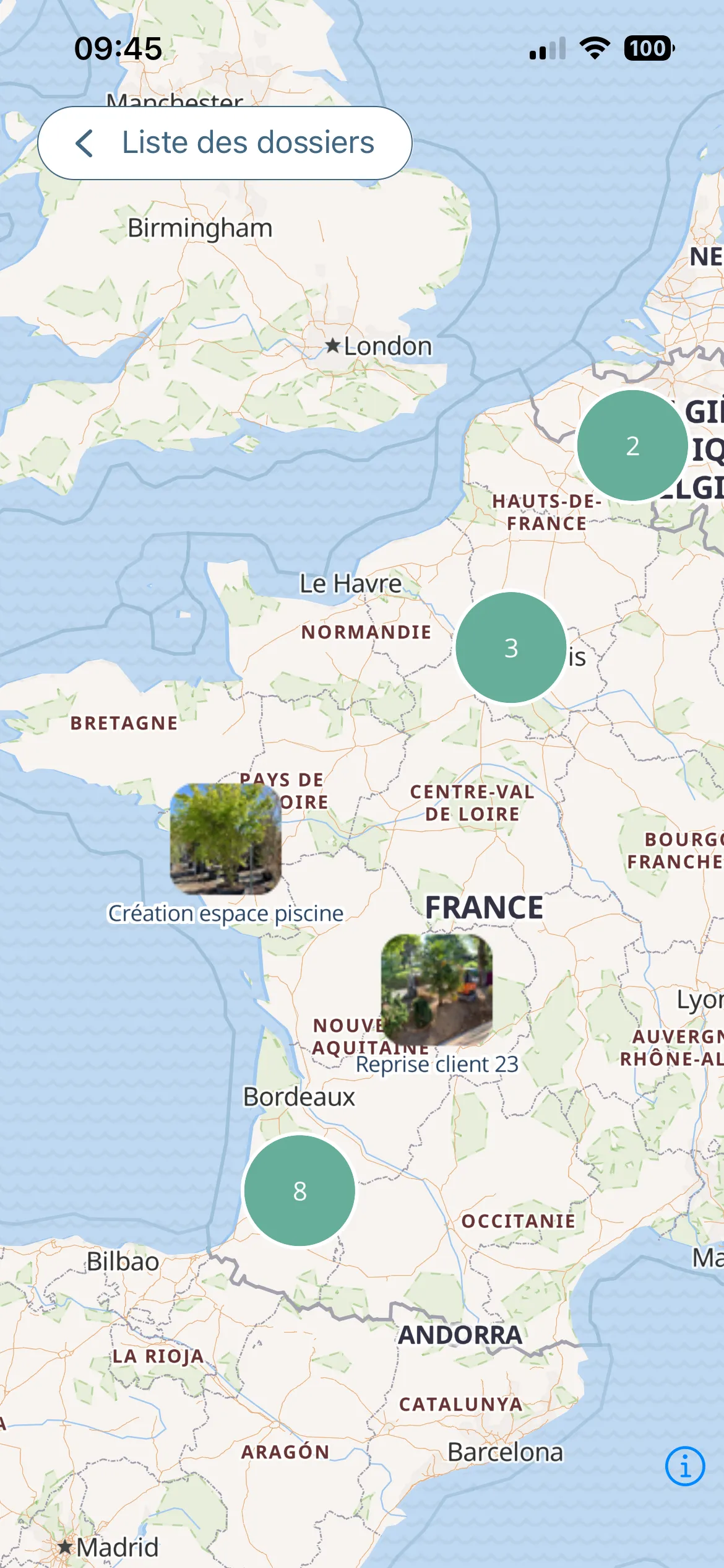 Carte des dossiers de l'organisation sur mobile