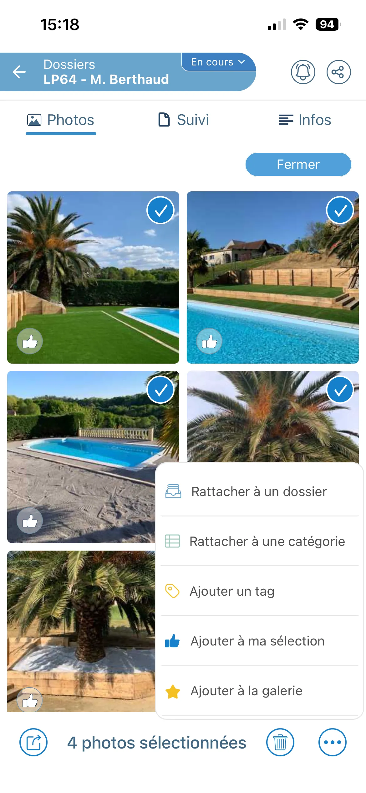 Application photo de chantier Letmo : galerie des photos de l'organisation, réunies par chantier, avec options de partage de plusieurs photos.