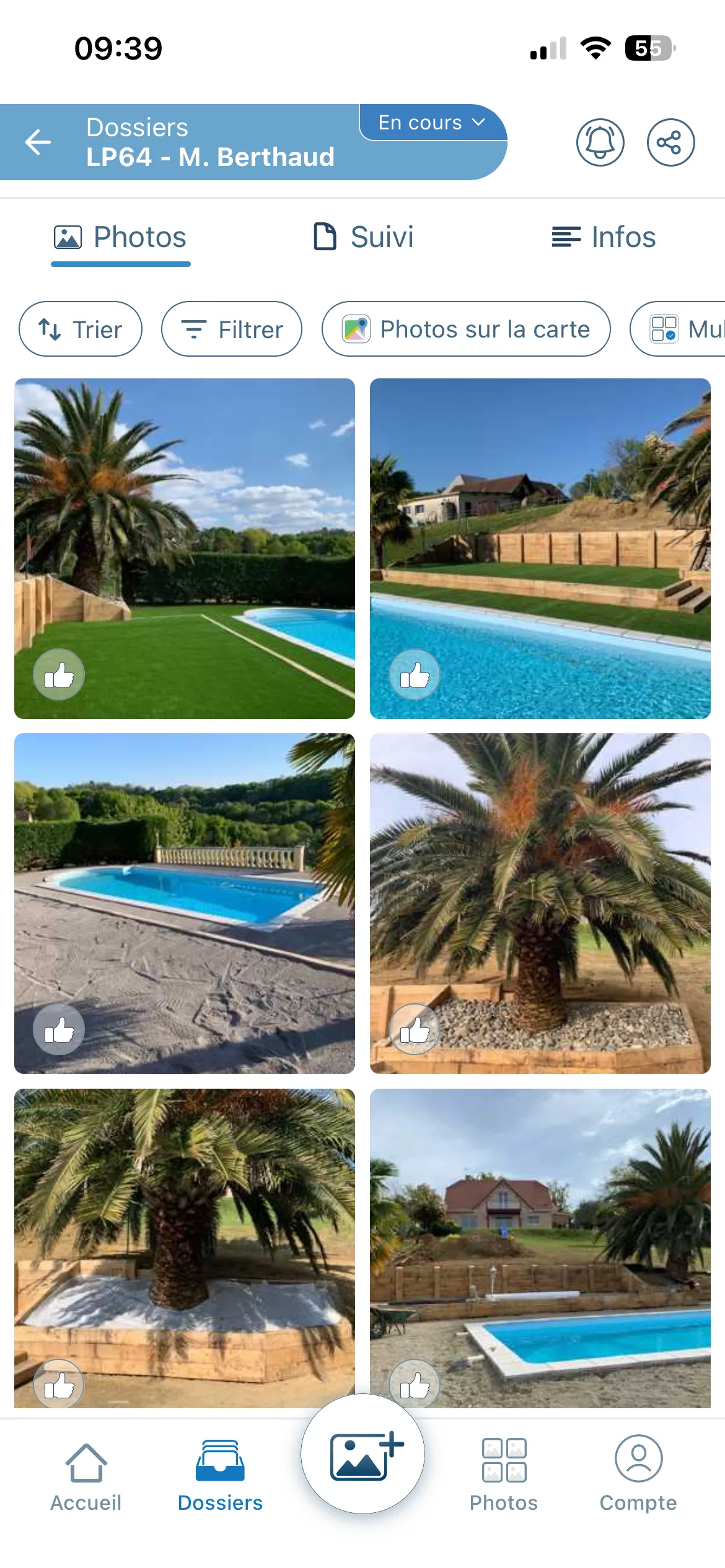 Dossier de chantier dans l'application Letmo : les photos d'un aménagement extérieur, avec les onglets Photos, Suivi et Infos